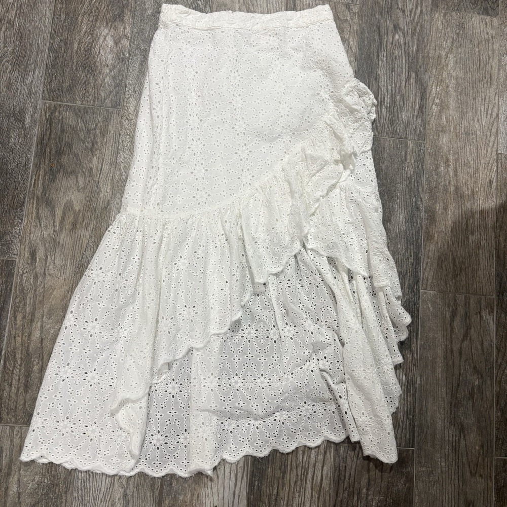 Aqua White Cotton Eyelet Ruffle Midi Skirt Asymmetrical Festival Cottage Sz S